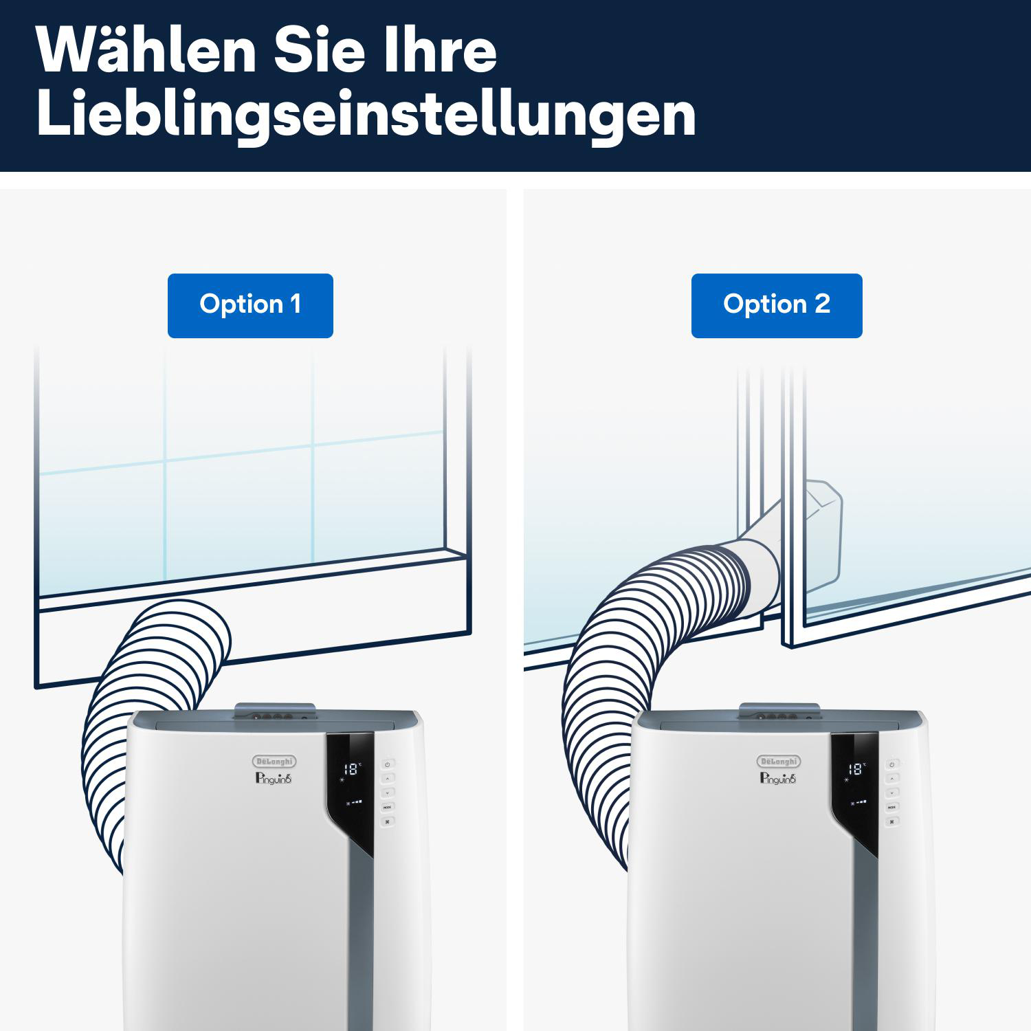 Zwei Optionen für die Klimaanlageninstallation: eine mit Schlauch aus dem Fenster, die andere durch die Wand.
