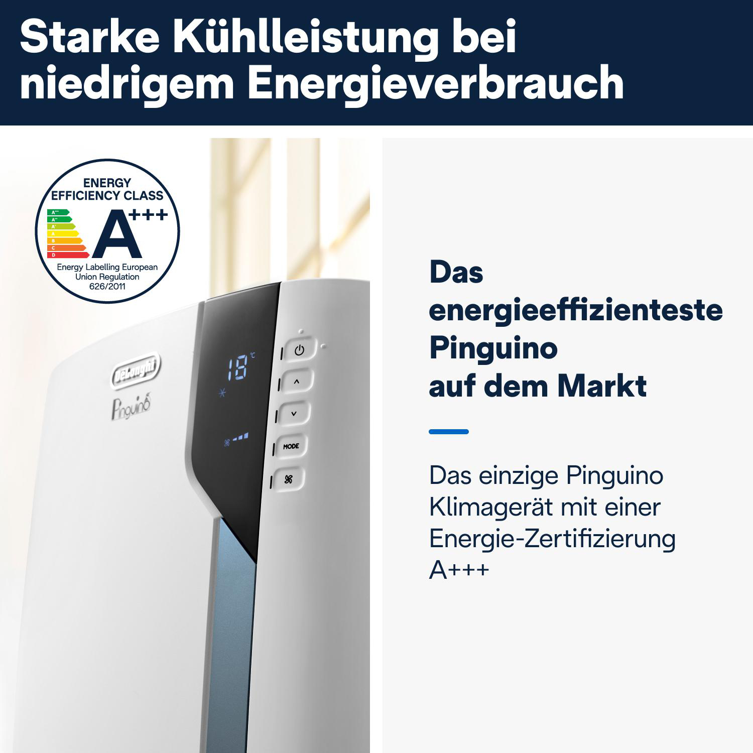 Klimaanlage mit Text zur Energieeffizienz. Weißes und schwarzes Design. Energielabel.
