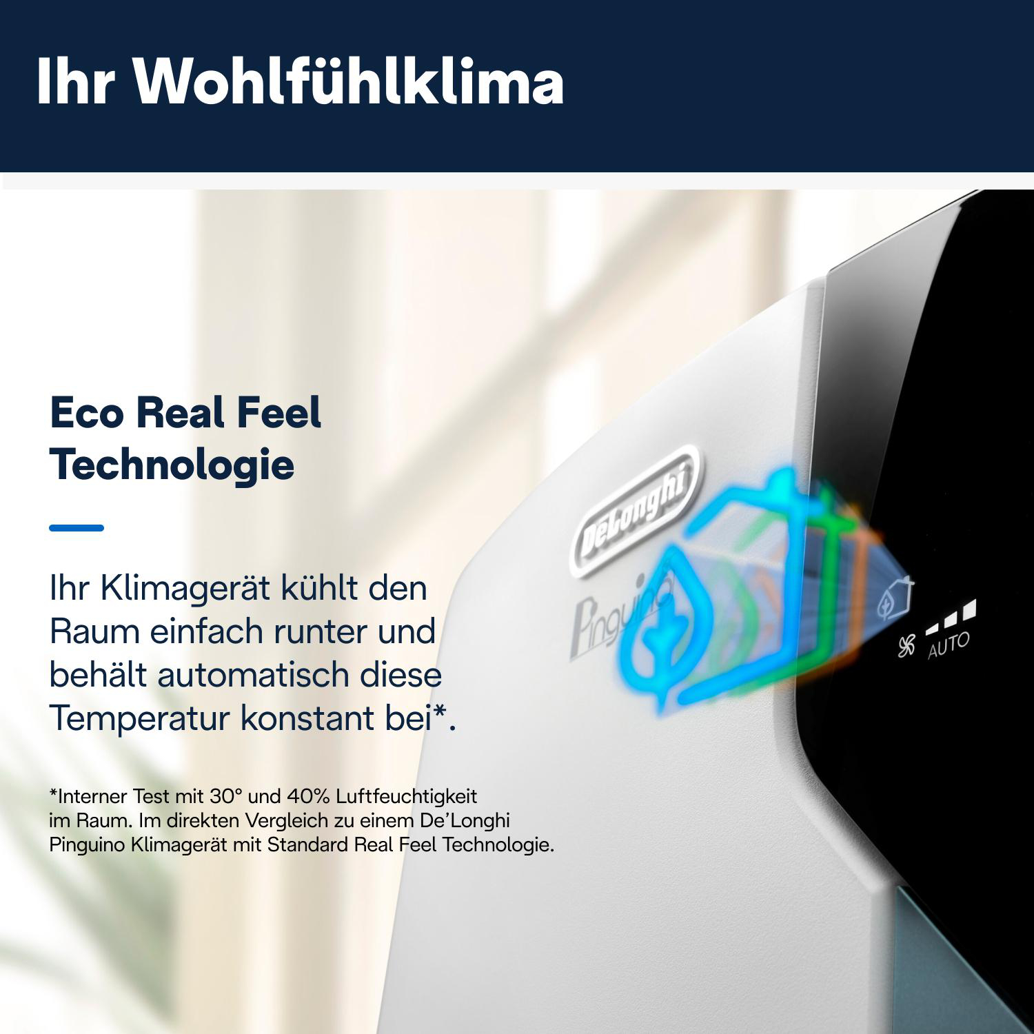 Ein weißer De'Longhi Klimaanlage mit Eco Real Feel-System zeigt eine digitale Oberfläche.