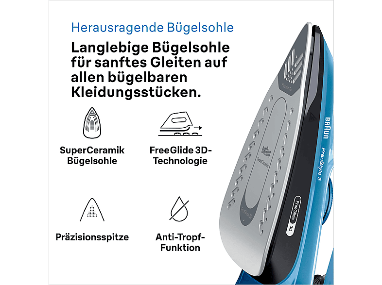 BRAUN FreeStyle 3 FI 3194 BK, Dampfstoß 200 g/min, FreeGlide 3D, abgerundete Bügelsohle, leichtes Bügeln, vertikale Auffrischung, ergonomisches Dampfbügeleisen (2400 Watt, Keramiksohle, SuperCeramic Beschichtung)