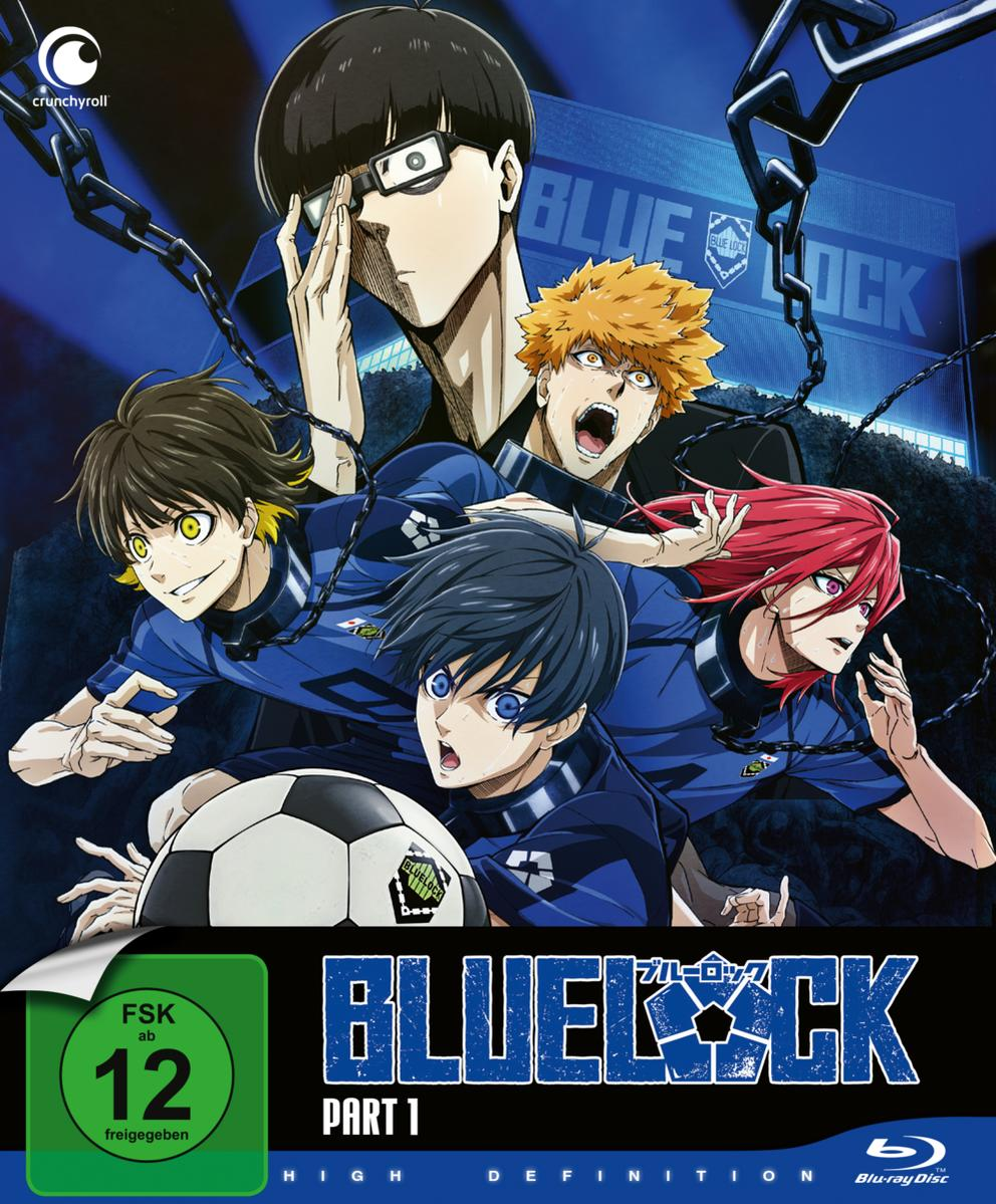 Anime Blu-ray Cover: Charaktere in Blau und Schwarz, Titel 'Blue Lock'.