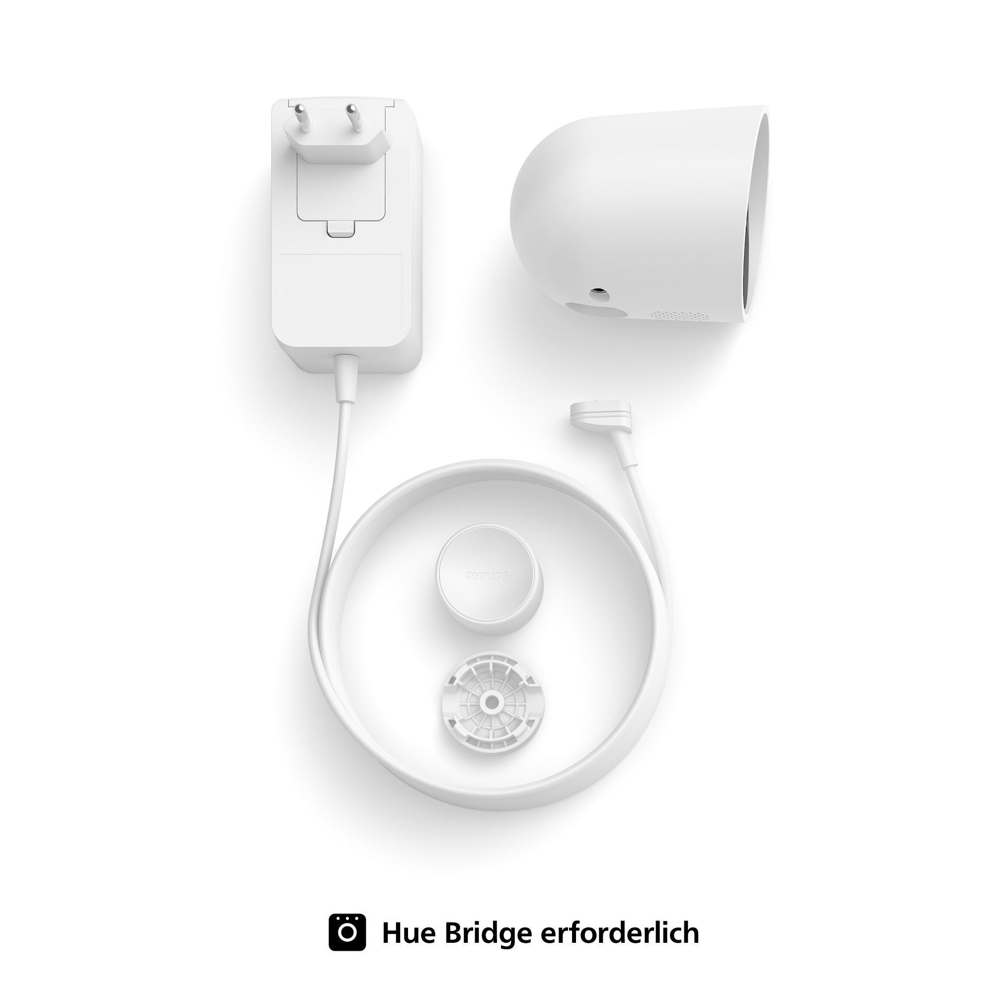 Weiße Philips Hue-Komponenten: ein Netzteil, eine Bridge und ein kreisförmiges Kabel. Unten steht 'Hue Bridge erforderlich'.