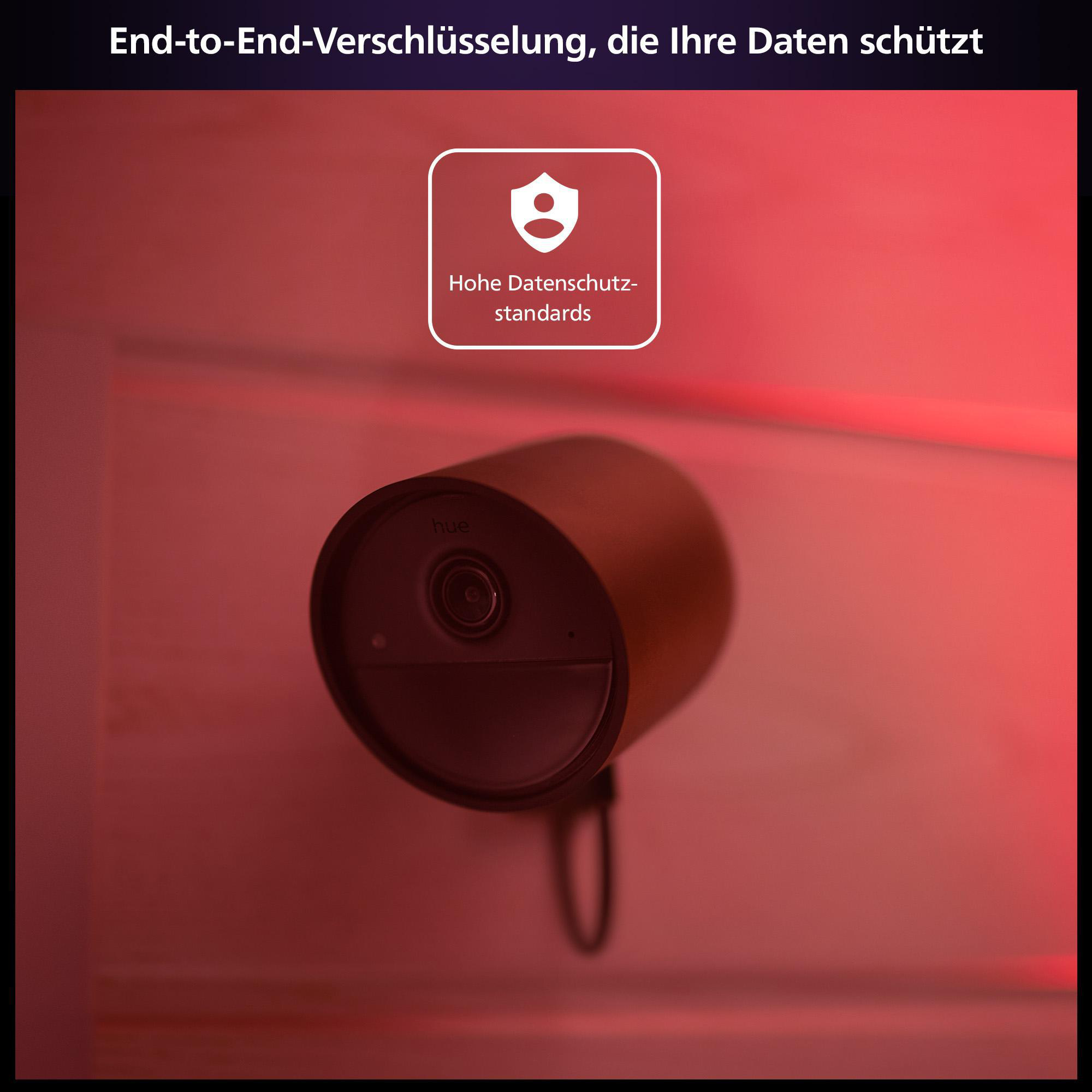 Sicherheitskamera mit Schutzschild und Symbol für hohe Datenschutzstandards.