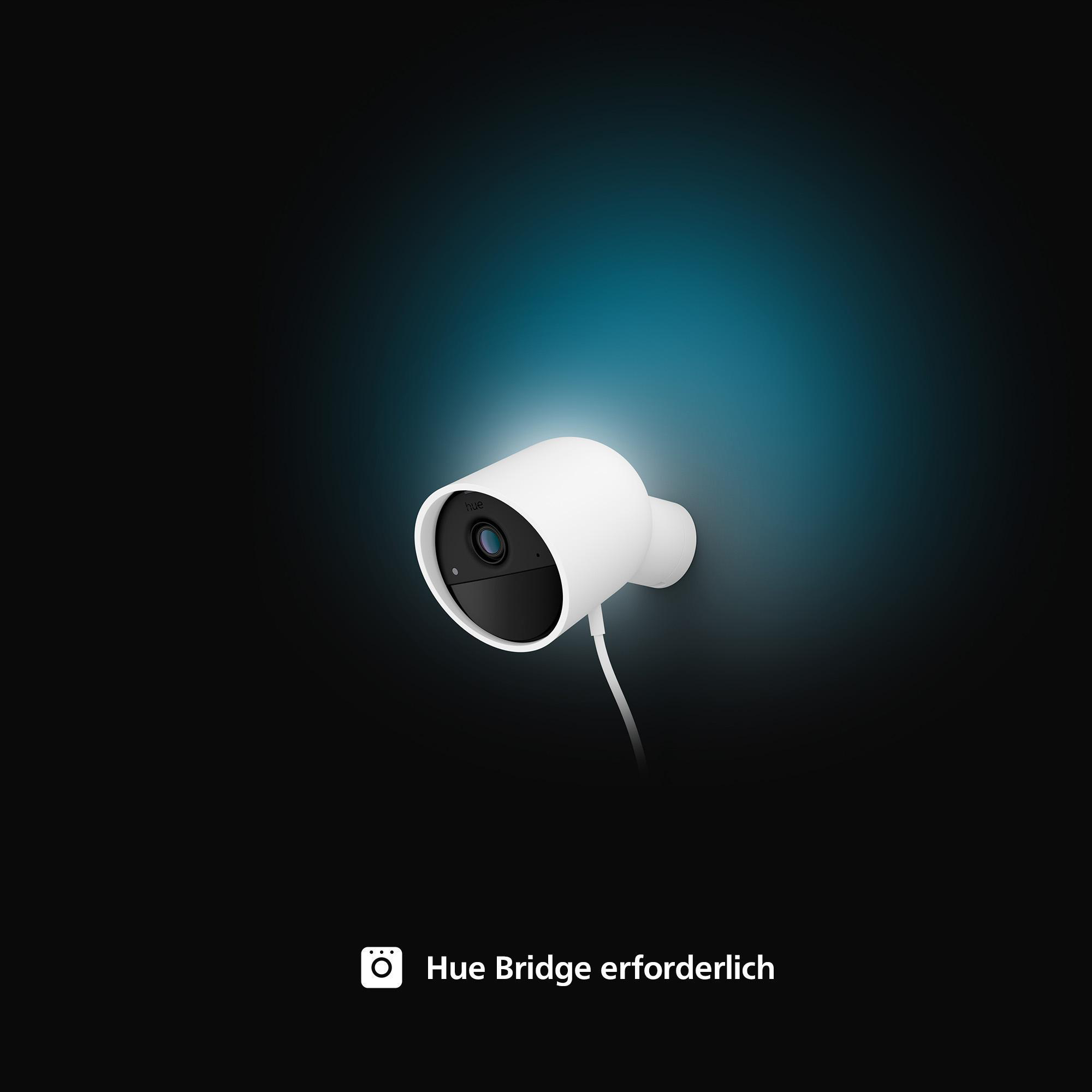 Weiße Überwachungskamera vor dunkelblauem Hintergrund. Text 'Hue Bridge erforderlich' unten.