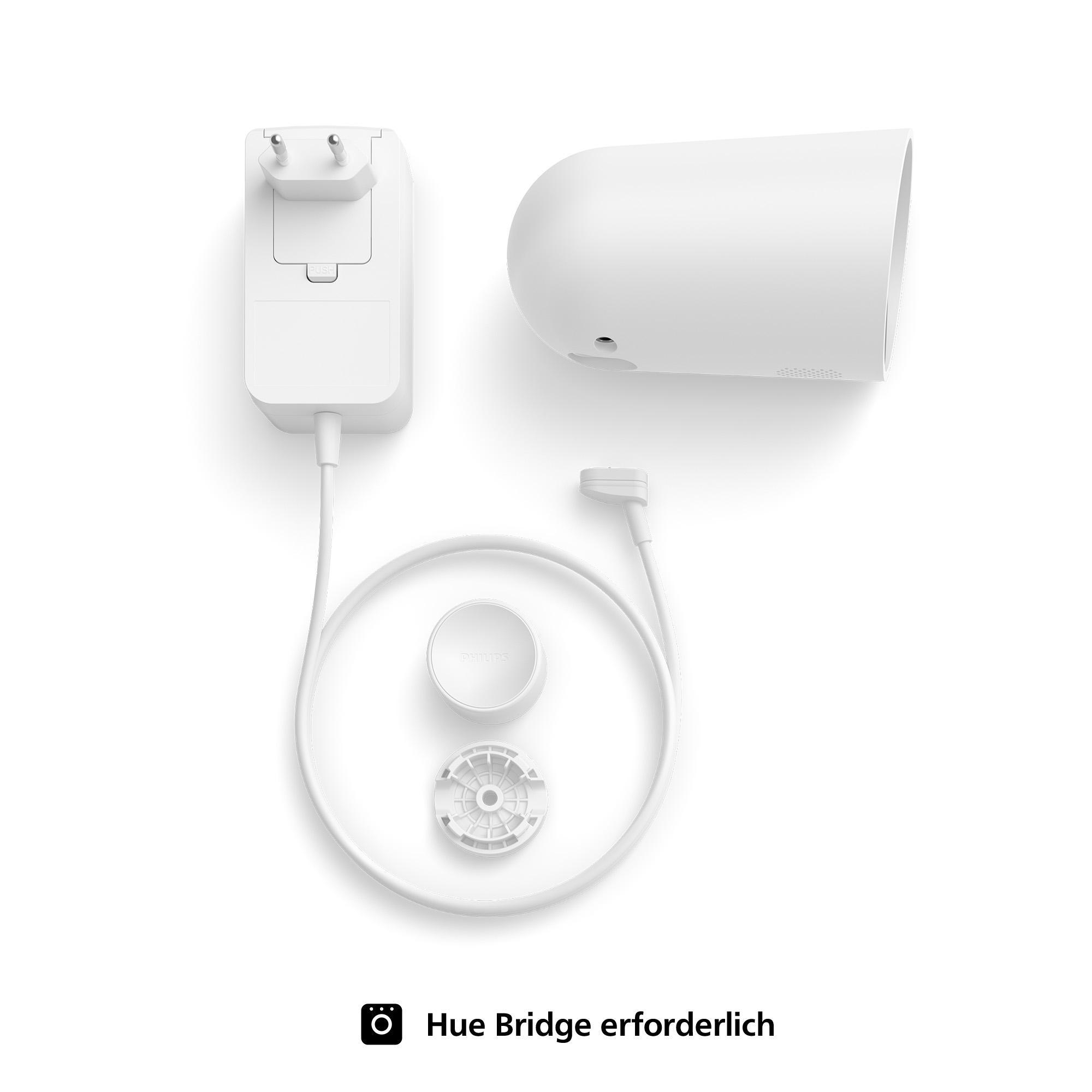 Weiße Hue Bridge-Komponenten: Netzteil, Bridge, Kabel und Basis. Alles vor weißem Hintergrund.
