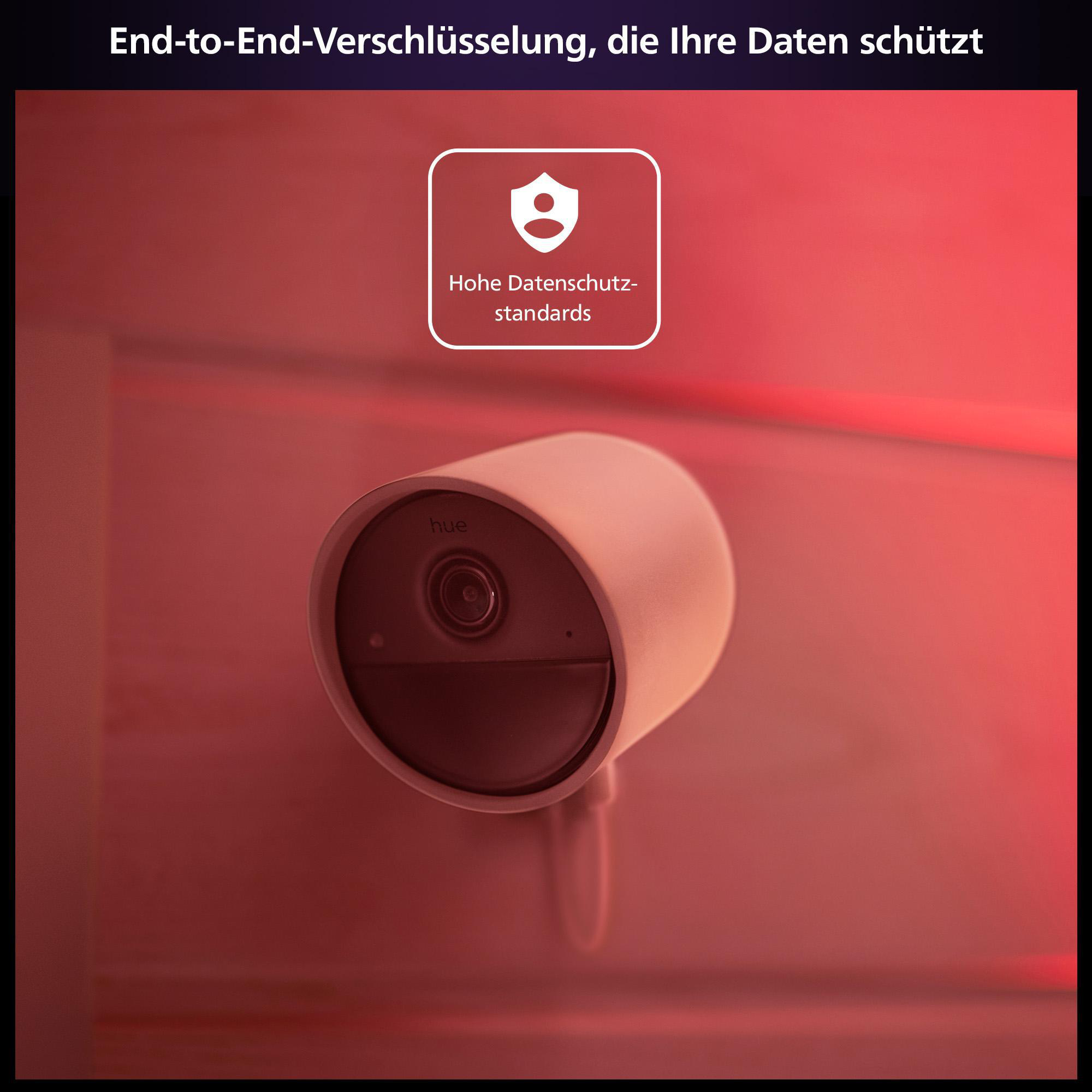 Eine weiße Sicherheitskamera an einer Wand. Text weist auf Ende-zu-Ende-Verschlüsselung hin.