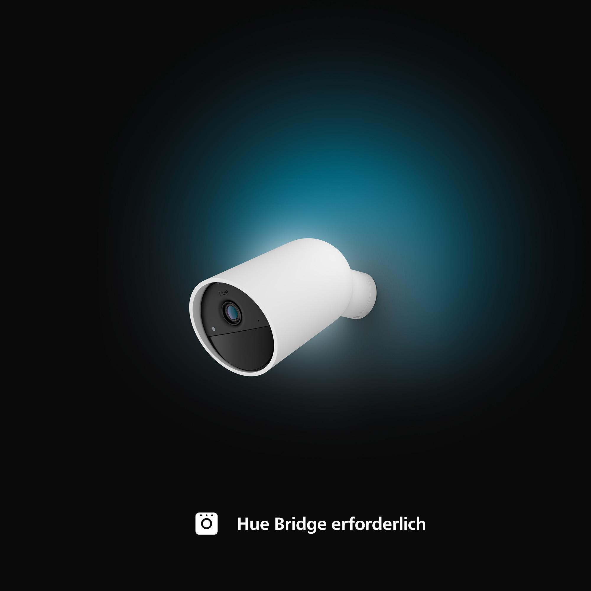 Eine weiße Überwachungskamera, schwarze Linse, auf dunklem Hintergrund.