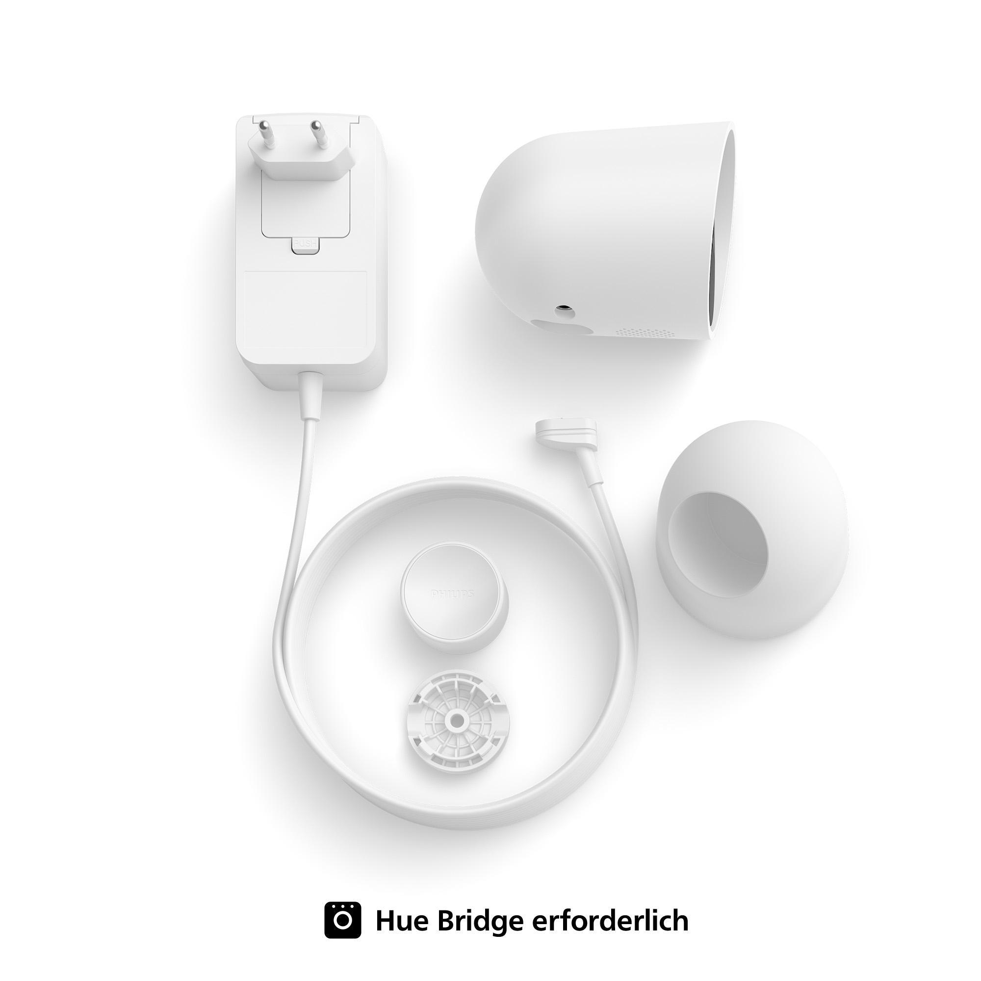 Weiße Smart-Home-Gerätekomponenten: Hub, Ladegerät, Netzteil und anderes Zubehör.