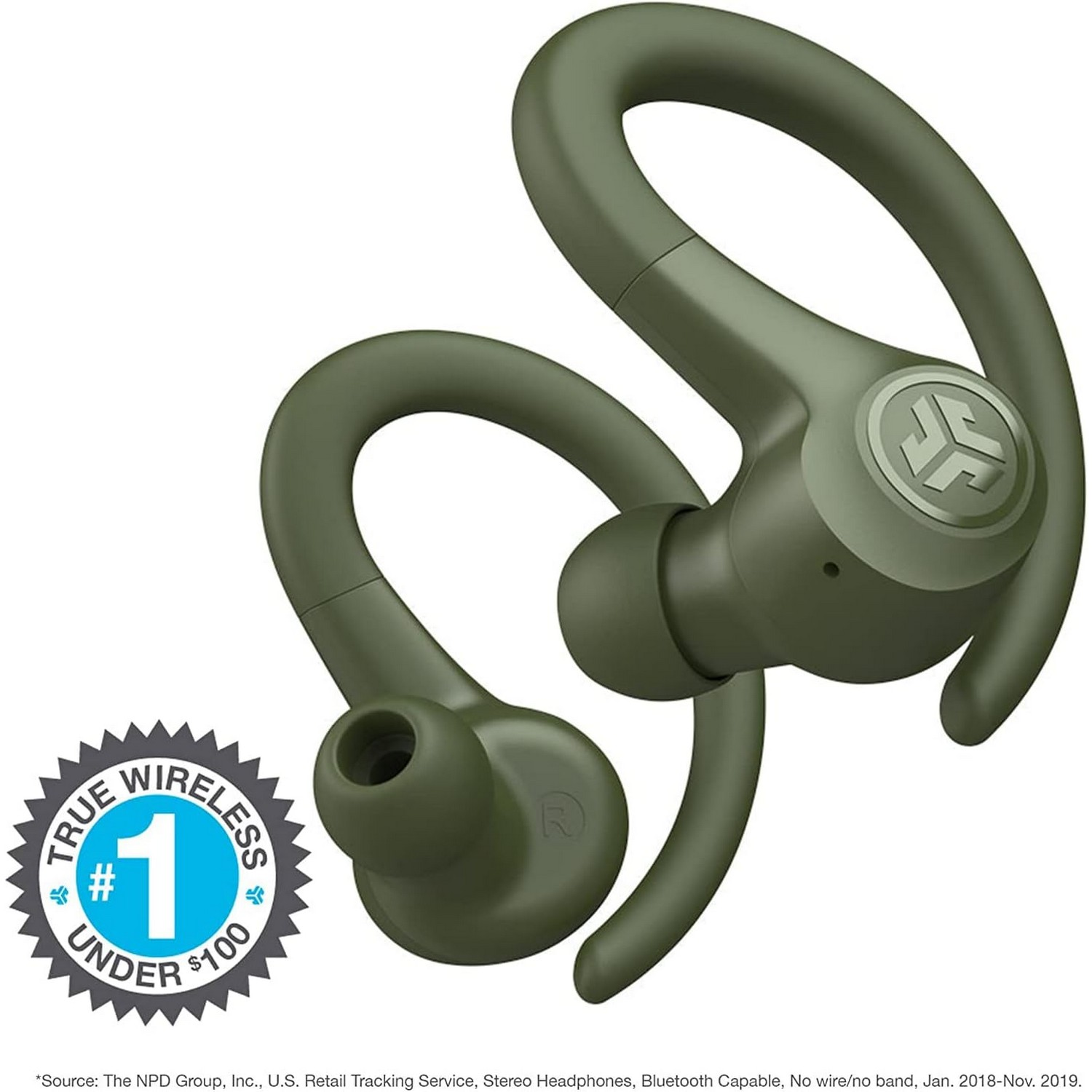 Olive green JLab Go Air Pop wireless earbuds. They have ear hooks and a charging case. A True Wireless Under $100 sticker.