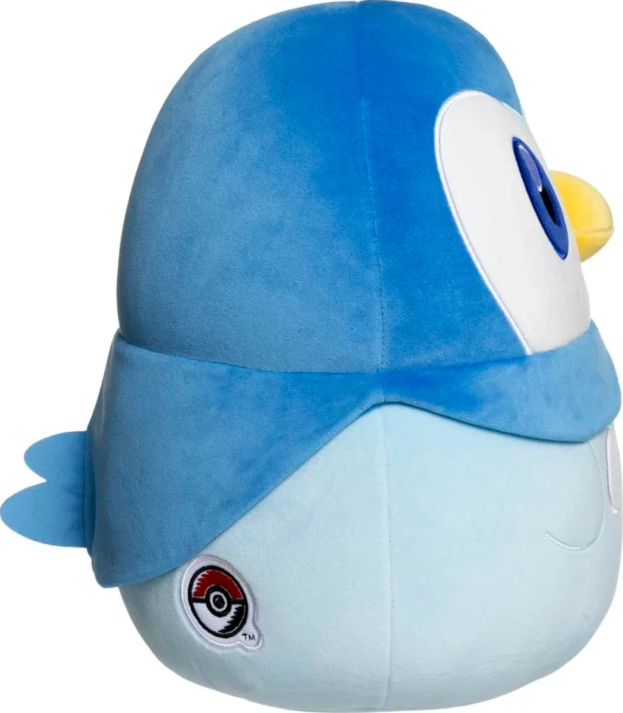 Ein blau-weißes Plüschtier von Piplup, einem Pokémon-Charakter, von der Seite betrachtet.