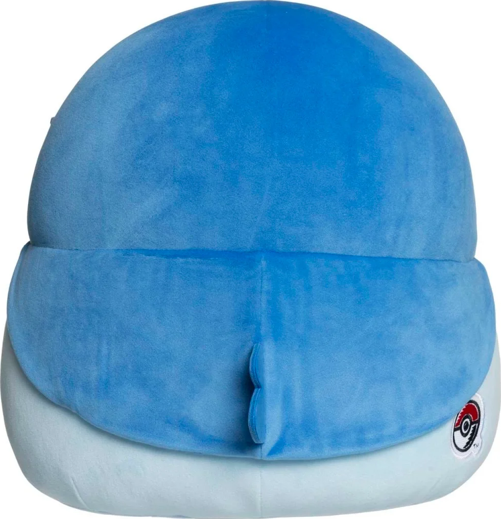 Blaues Plüschtier in Form eines abgerundeten Kopfes. Der Schwanz und das Pokémon-Logo sind sichtbar.