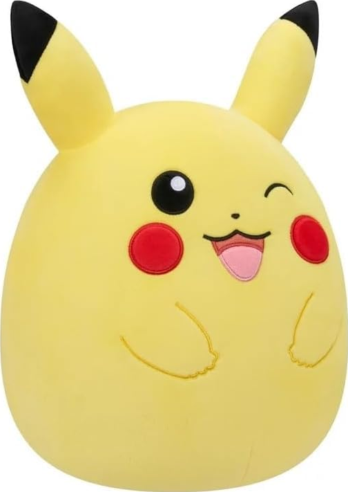 Ein gelbes Pikachu-Plüschtier mit schwarzen Ohren, roten Wangen und einem lächelnden Gesicht.