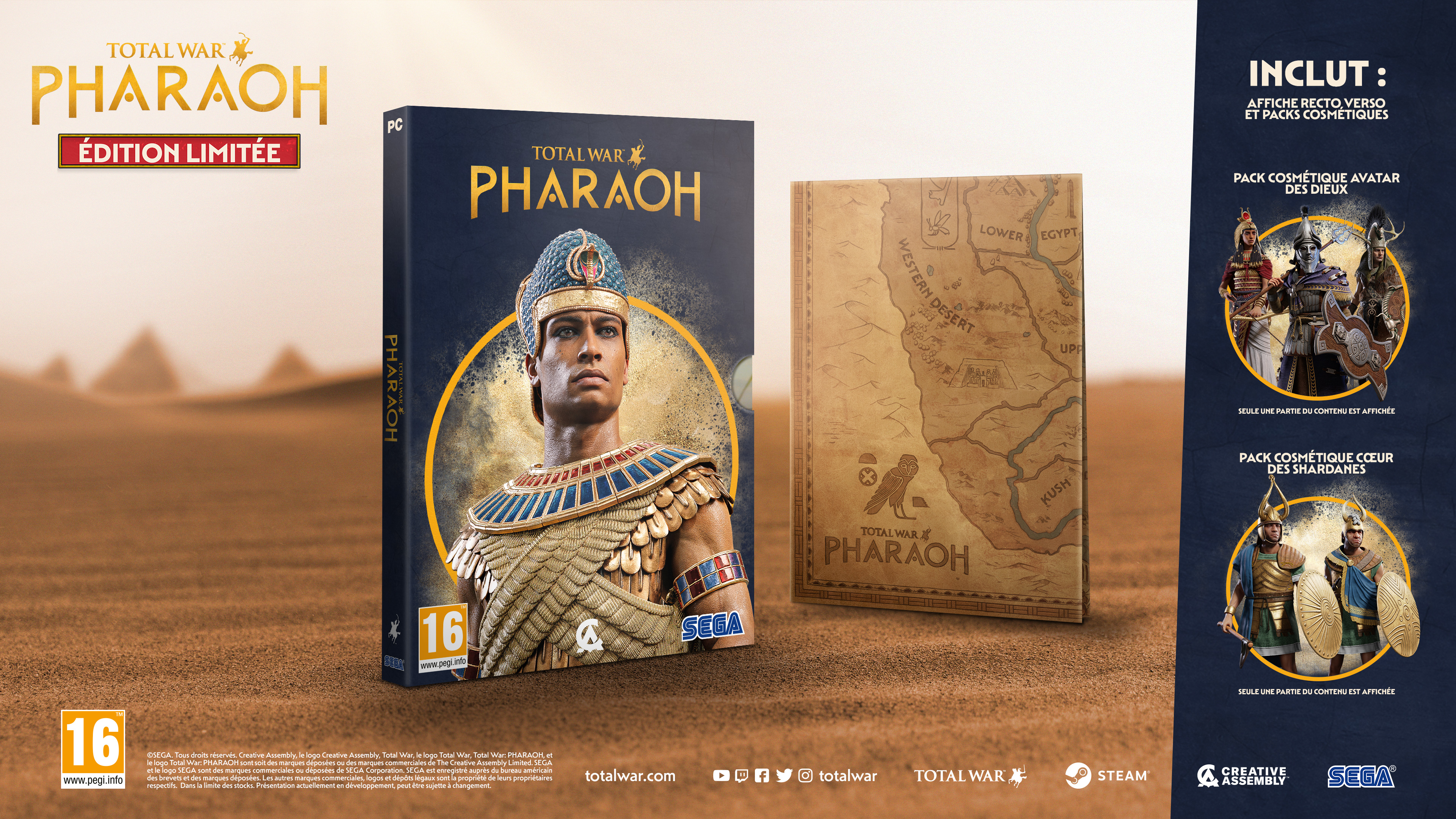 Spielbox-Set für Total War Pharaoh, enthält Spielbox, eine Karte und ein Paket mit kosmetischen Artikeln.