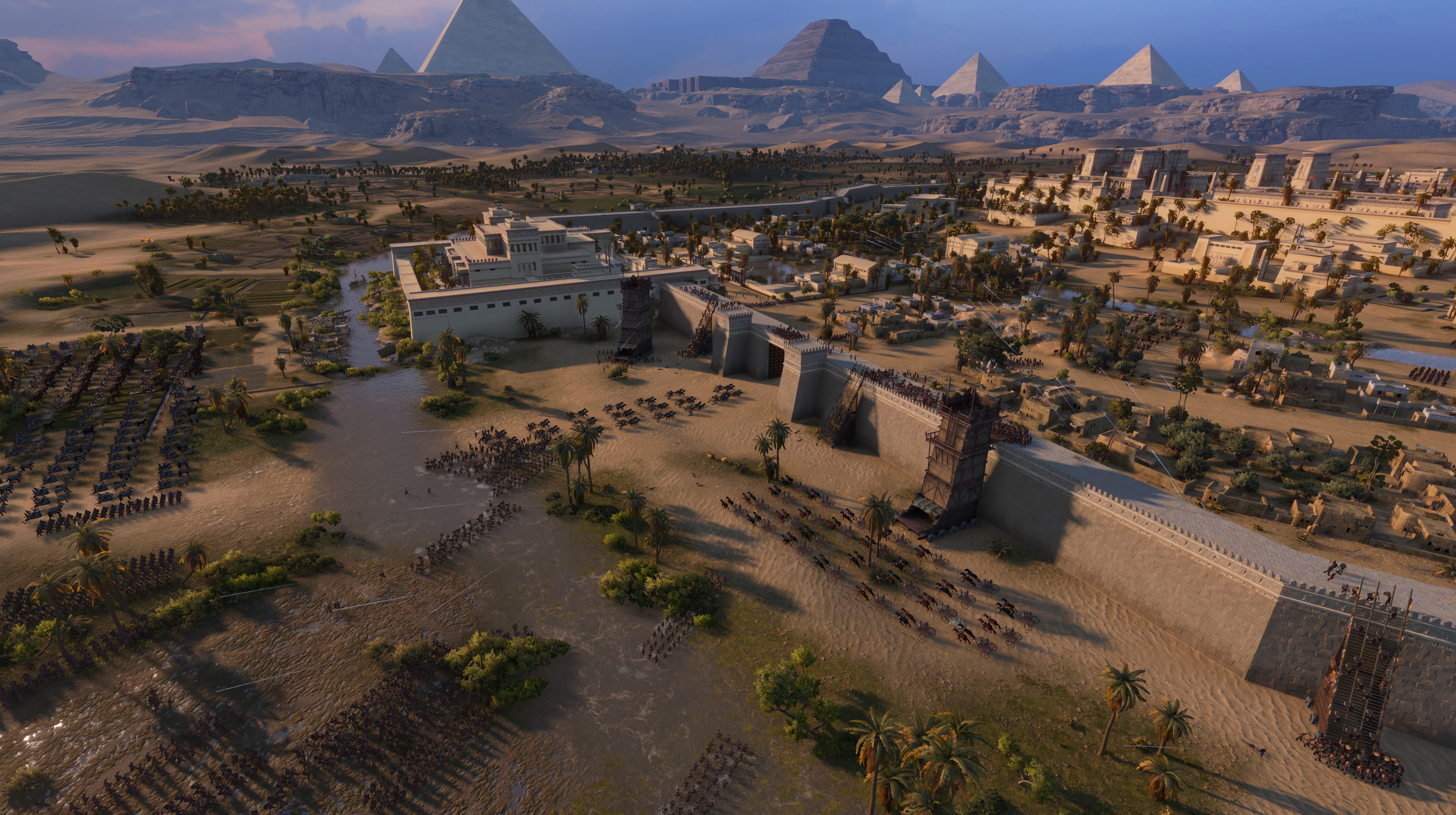 Eine Strategiespielszene mit Pyramiden und Armeen auf einer Ebene.