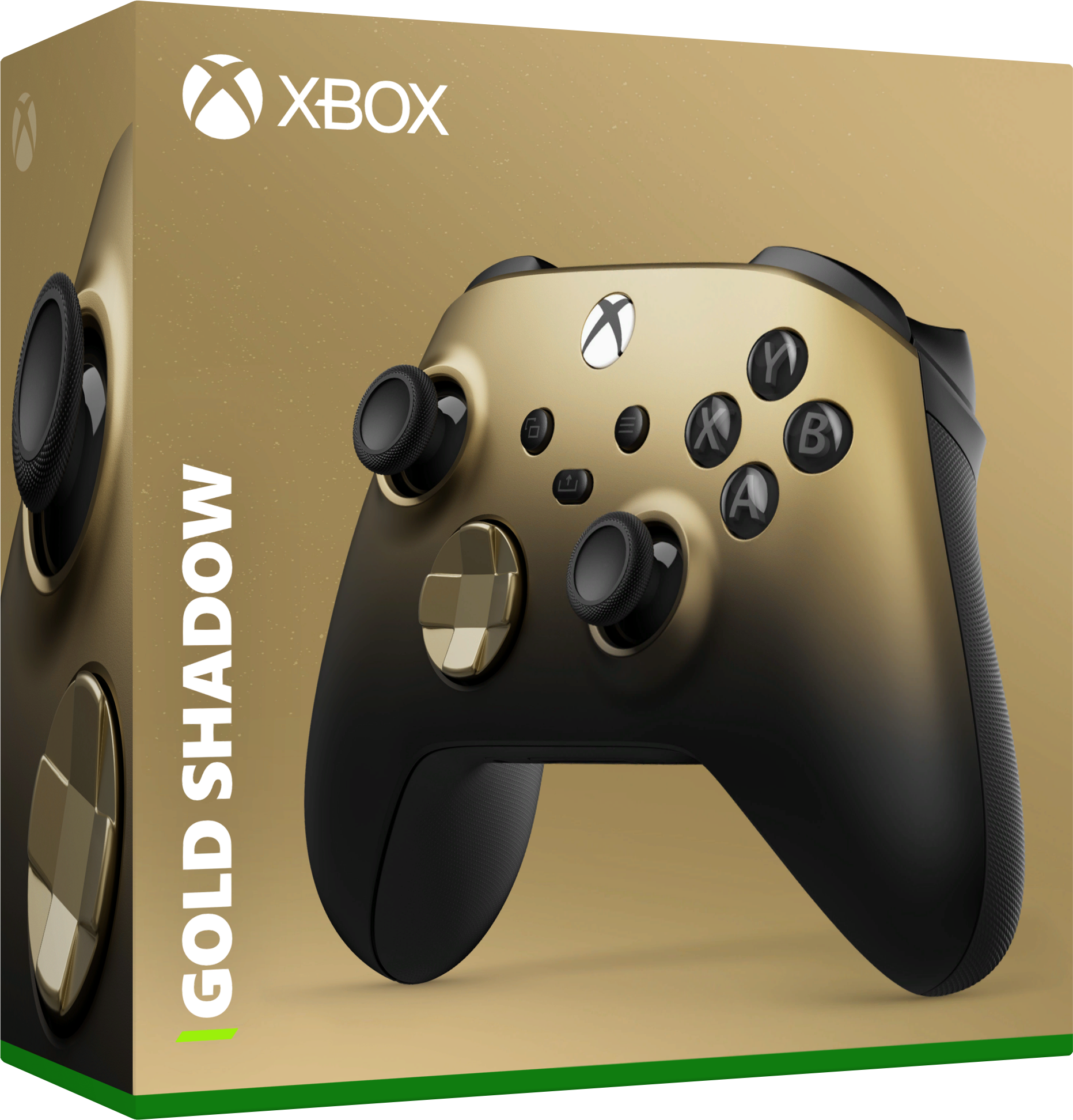 Gold Shadow Xbox Controller auf einer Box mit Xbox-Logo und Text.