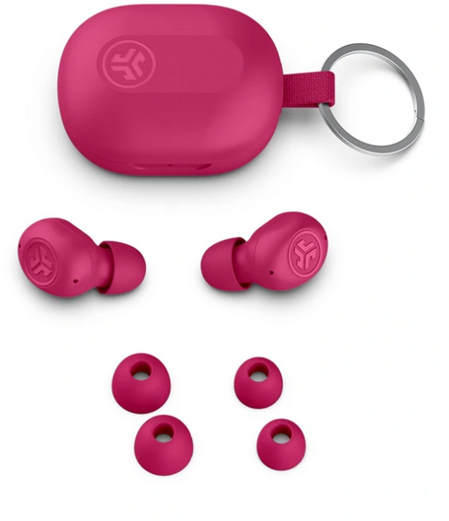 Un étui de chargement rose avec porte-clés, deux écouteurs et quatre embouts.