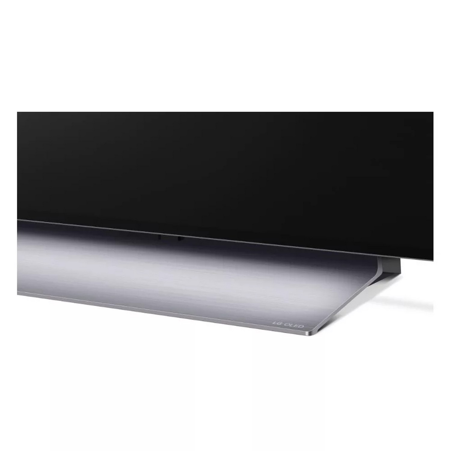 Close-up van een LG OLED TV-voet. Zilveren voet, zwart scherm en LG OLED-logo.