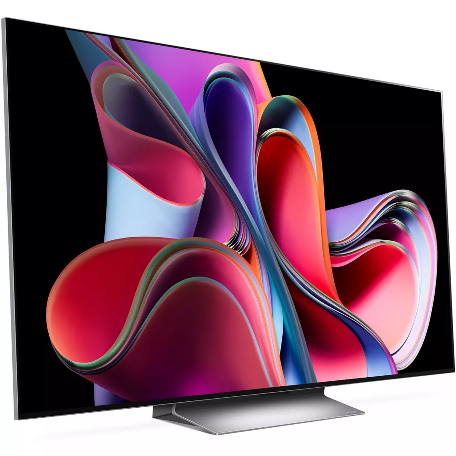 Grote tv met kleurrijke abstracte kunst op het scherm.