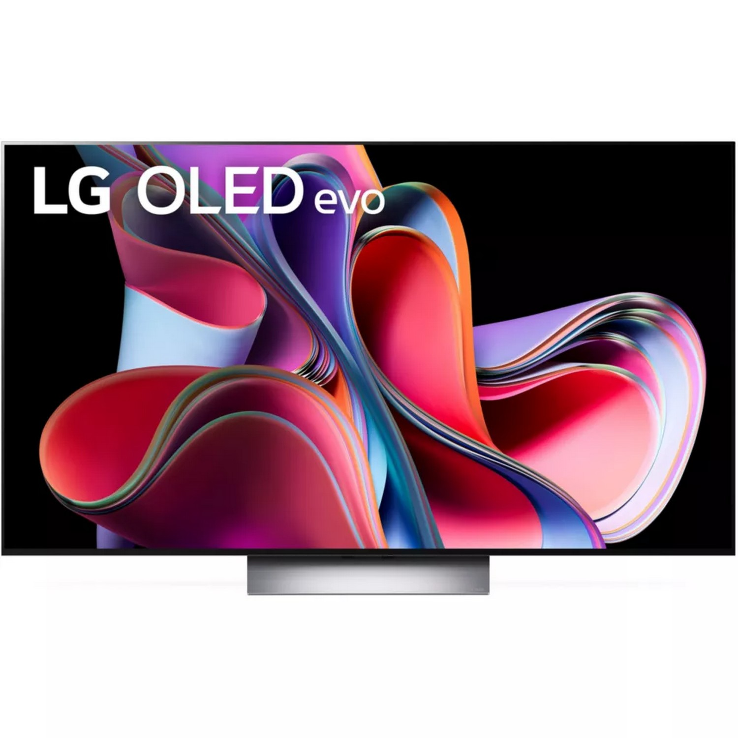 LG OLED evo tv met kleurrijke abstracte kunst op een zwarte achtergrond.