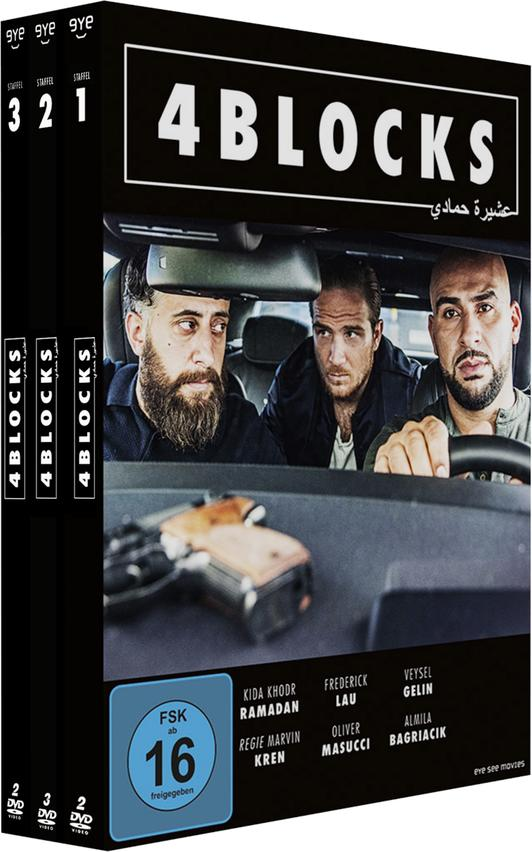 DVD-Boxset der Krimi-TV-Serie 4 Blocks, drei Boxen nebeneinander.