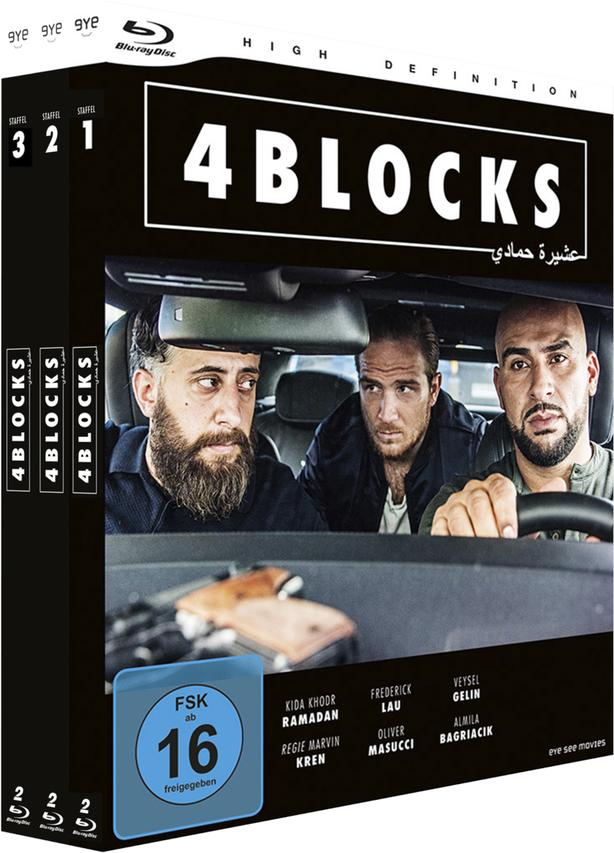 DVD-Box-Set mit drei Discs mit der Serie '4 Blocks' und Schauspielern in einem Auto.