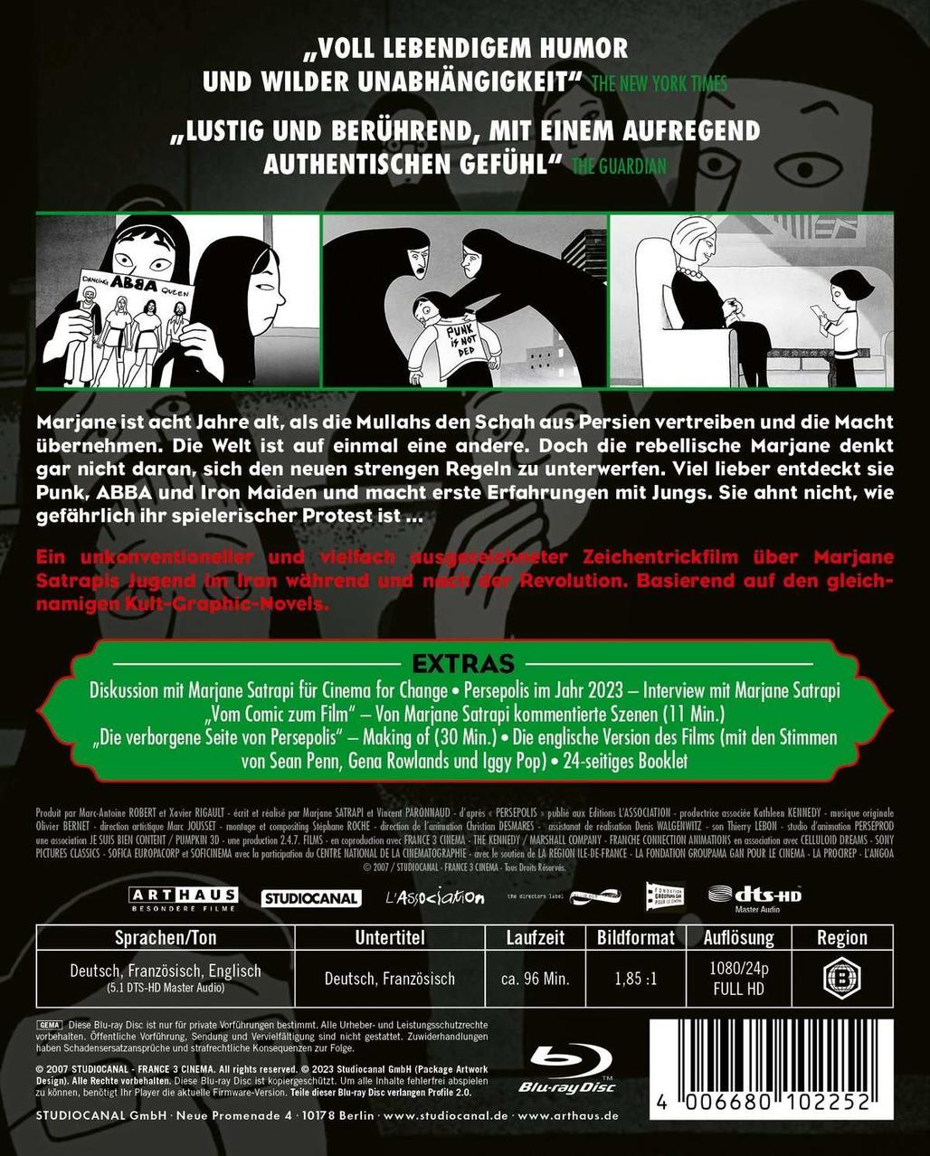 Blu-ray-Disc-Cover: Animationsfilm Persepolis. Zeigt Szenen von Frauen und Kindern. Texte in mehreren Sprachen.