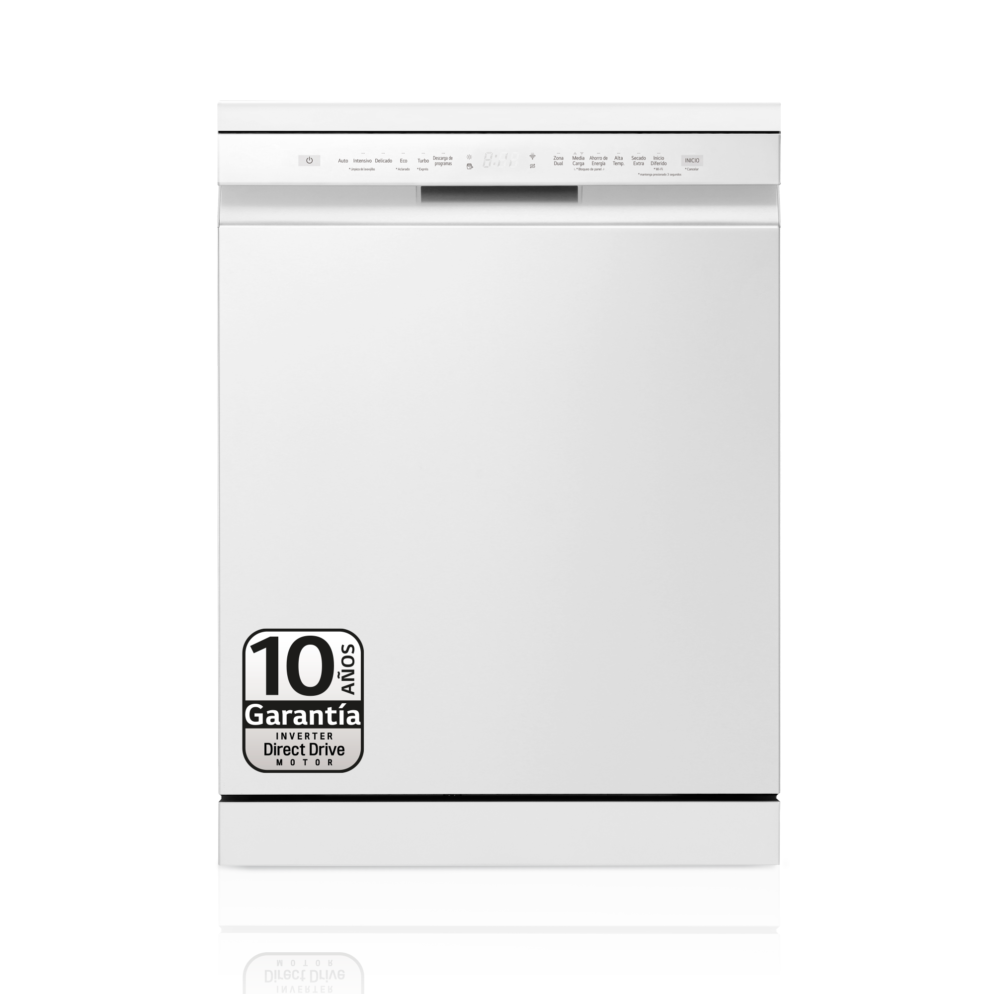 Lavavajillas blanco. Panel de control plateado. 10 años de garantía. Pegatina en blanco y negro. Diseño limpio.