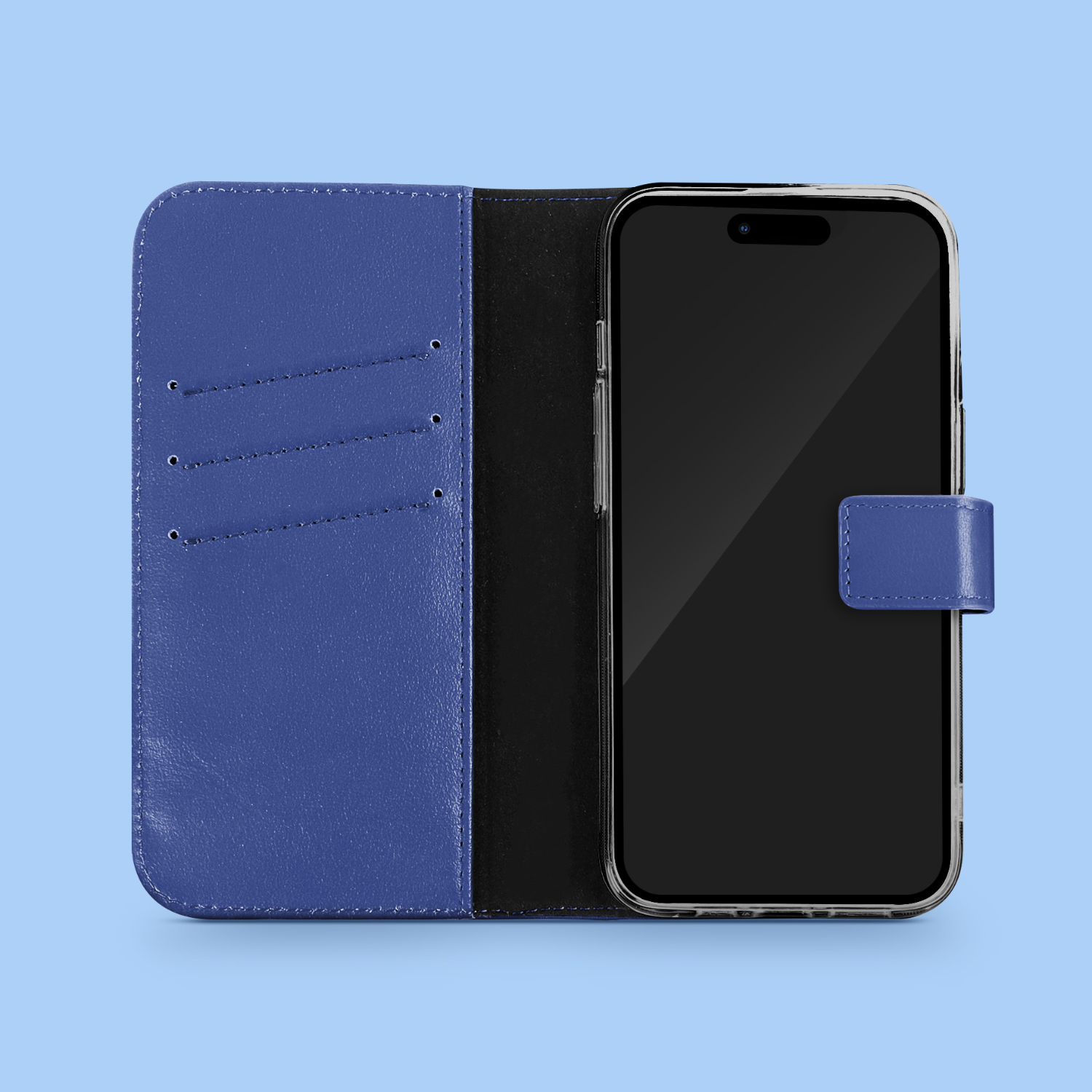 Blauwe telefoonhoes open, toont telefoon met zwart scherm. Hoesje heeft kaartsleuven.