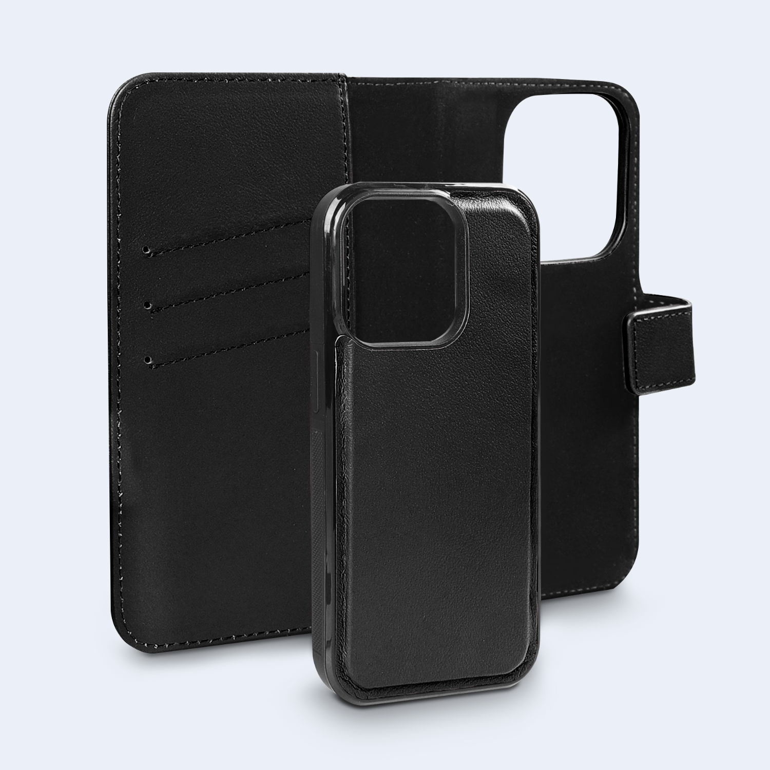 Zwarte telefoonhoes met een telefoon erin en een aparte flap.