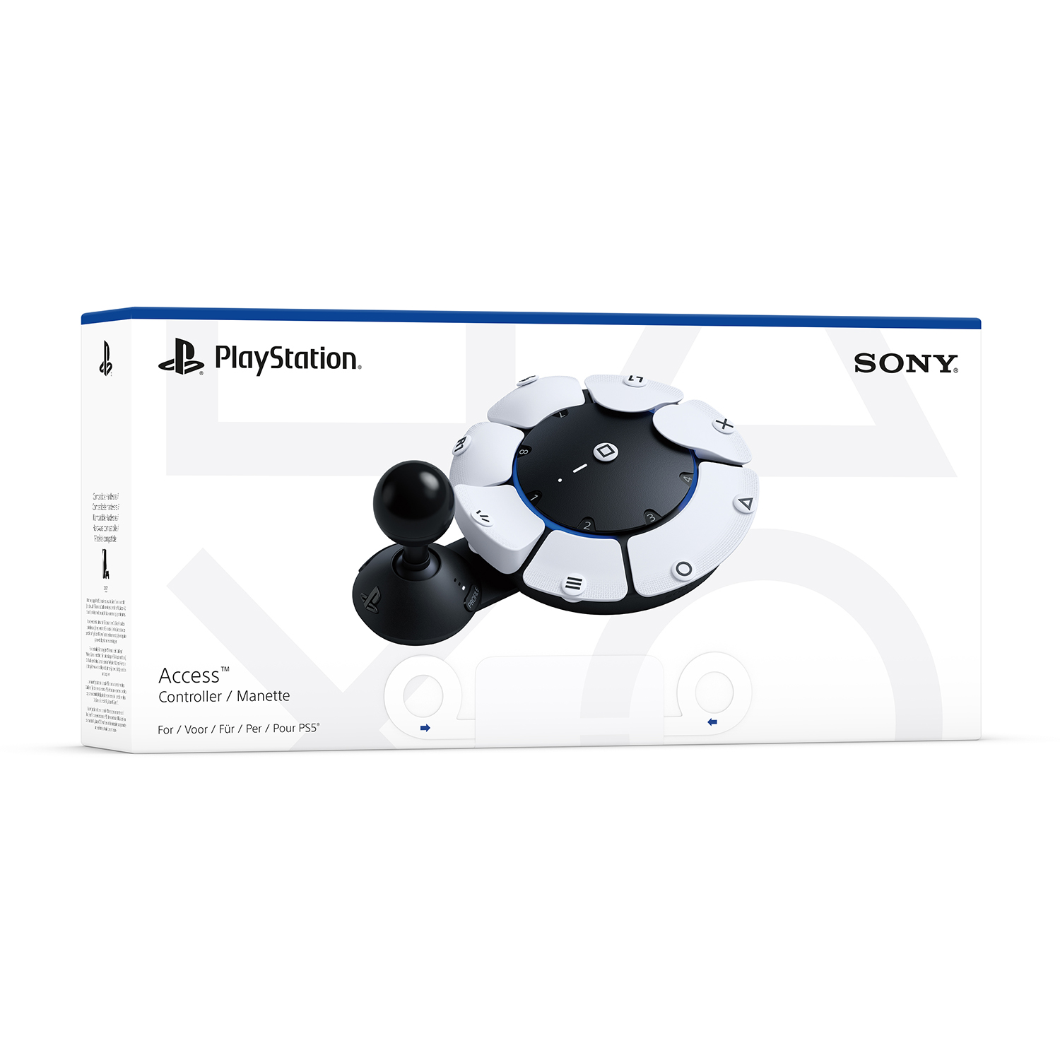 Controller Access PlayStation in una scatola. Colori bianco, nero e blu, con joystick.