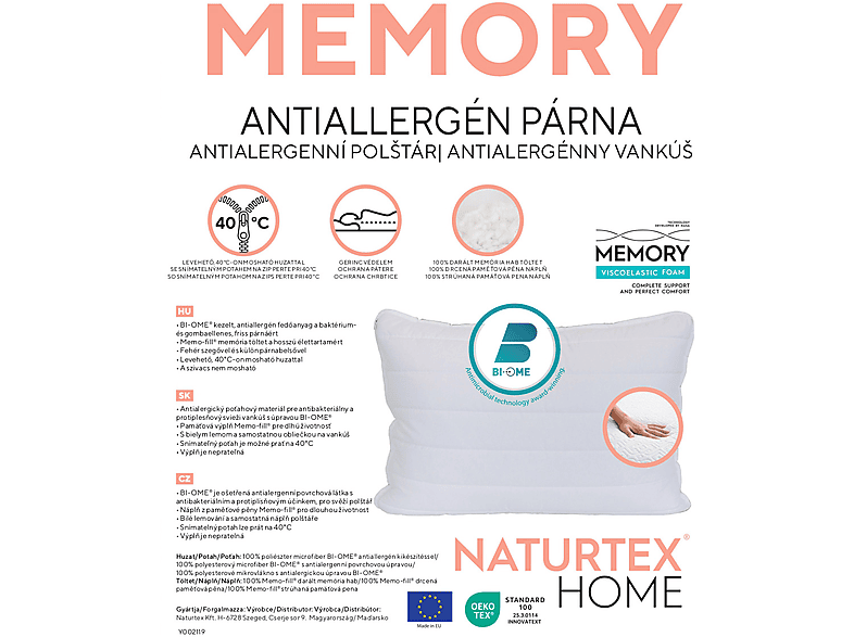 NATURTEX Memory antiallergén félpárna, 50x70cm, 1000g