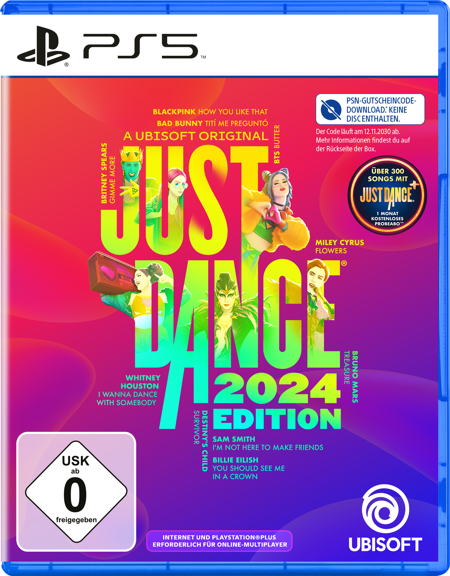 Just Dance 2024 Spielbox. Der Umschlag hat bunte Bilder und Text.