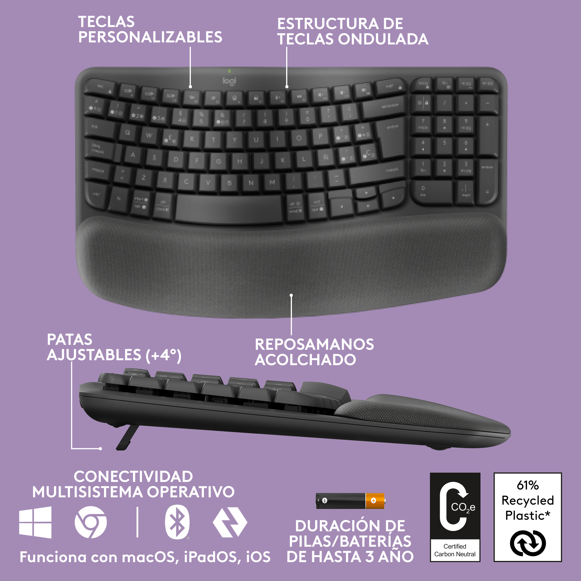 Teclado ergonómico negro con reposamuñecas. Cuenta con patas ajustables y conectividad multisistema.