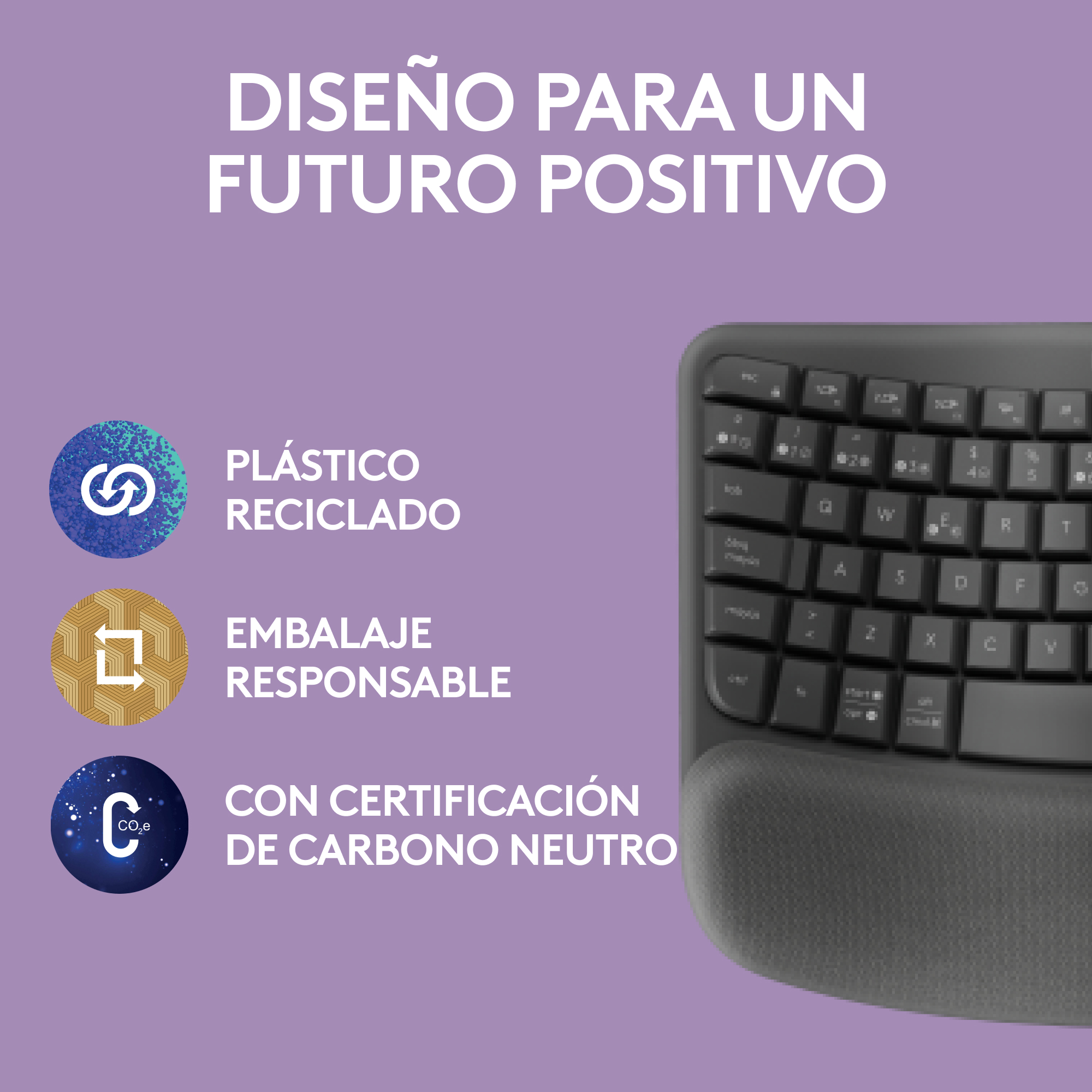 Un teclado con plástico reciclado, embalaje responsable y certificación de carbono neutral.