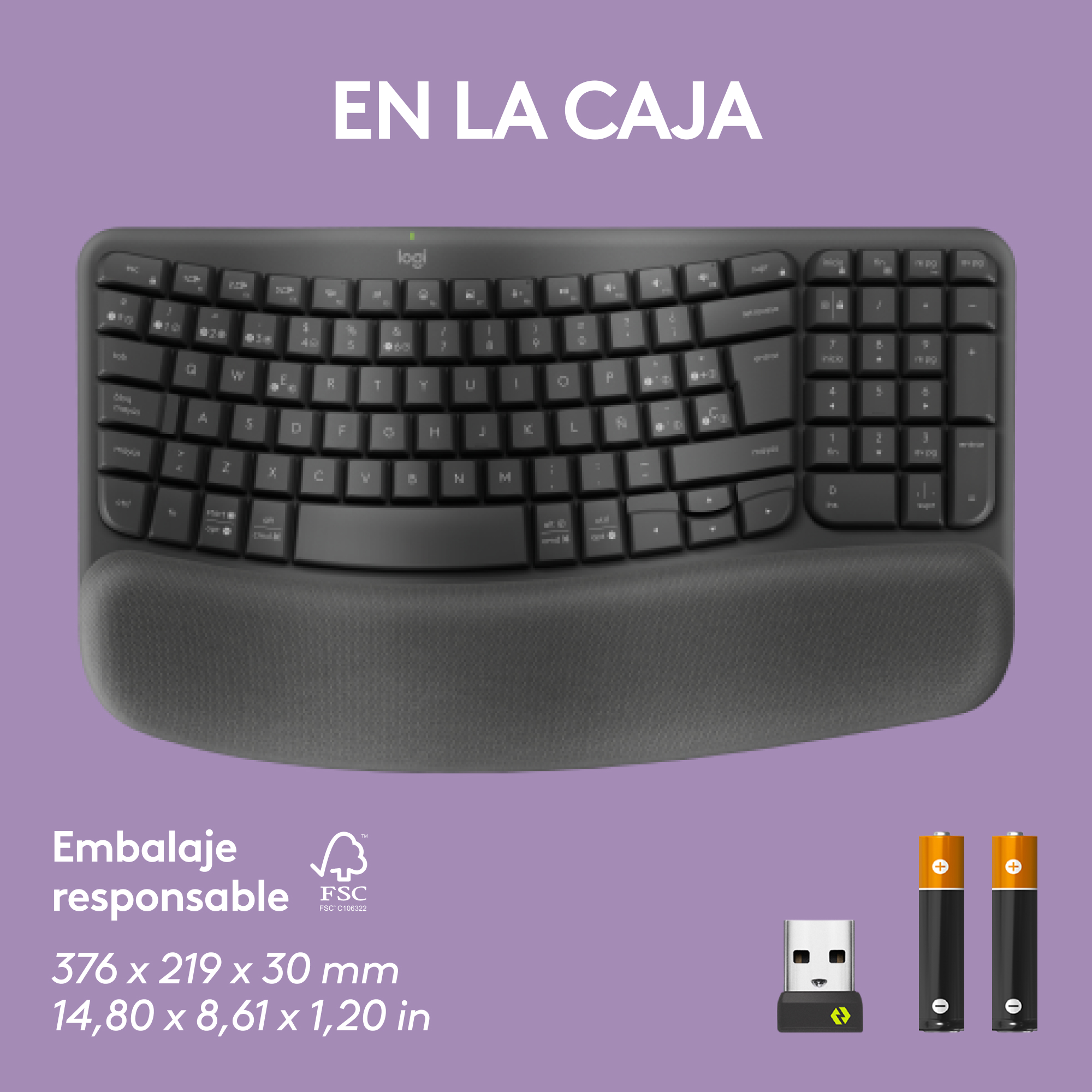 Un teclado ergonómico negro con reposamuñecas, dongle USB y pilas.
