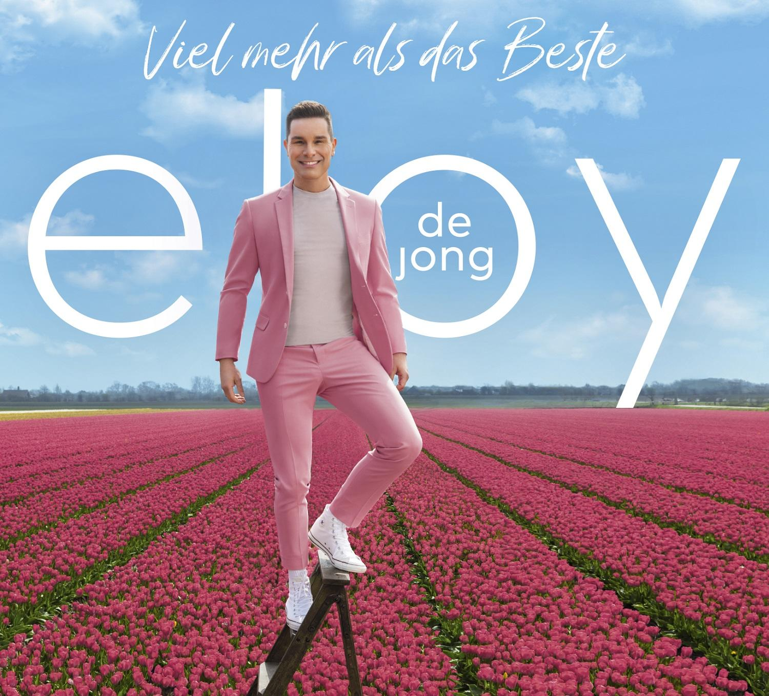 Albumcover mit einem Mann in rosa Anzug, der auf einer Leiter in einem Feld mit rosa Blumen steht.