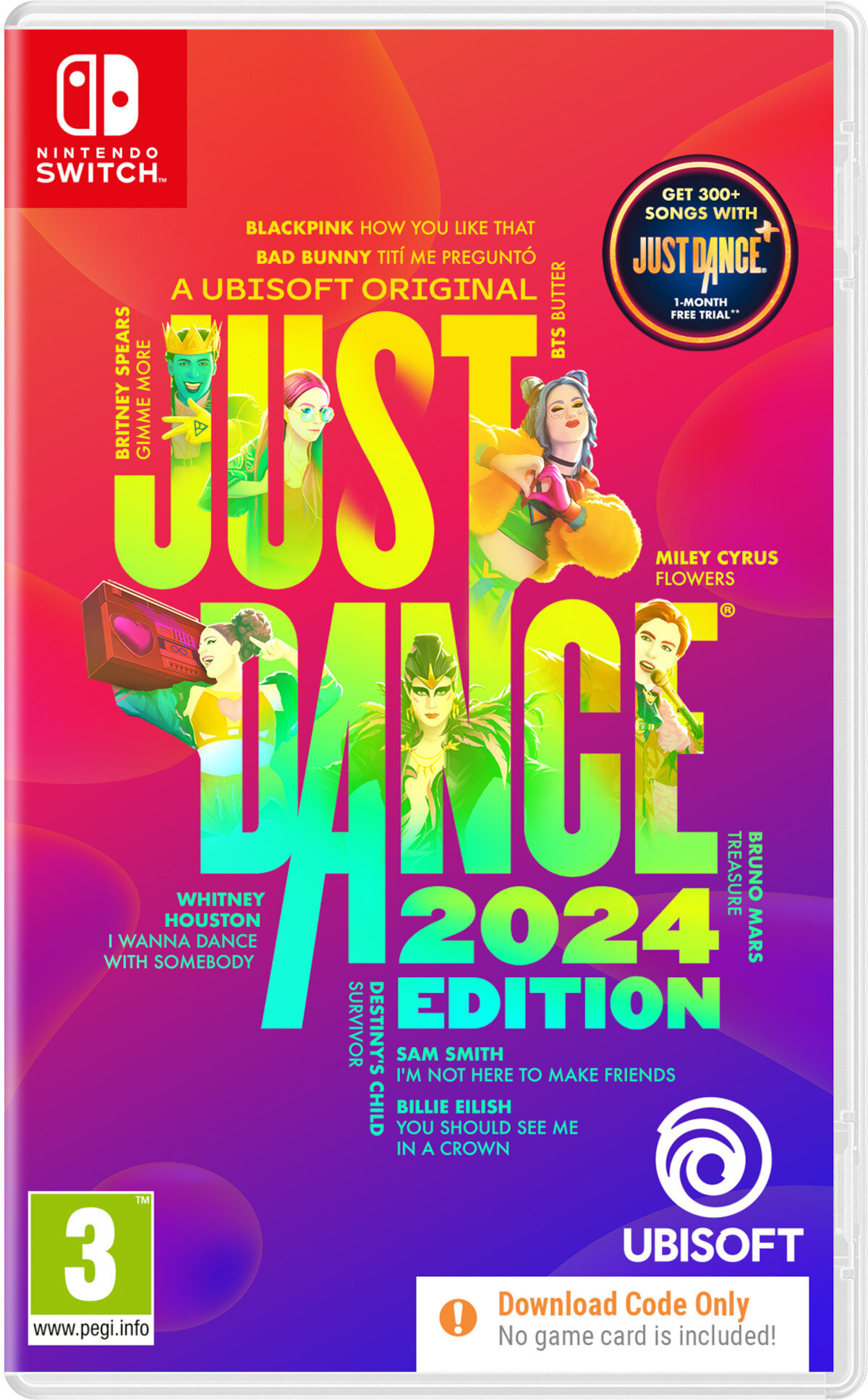 Okładka gry Just Dance 2024 Edition, z wieloma tancerzami i tekstem.