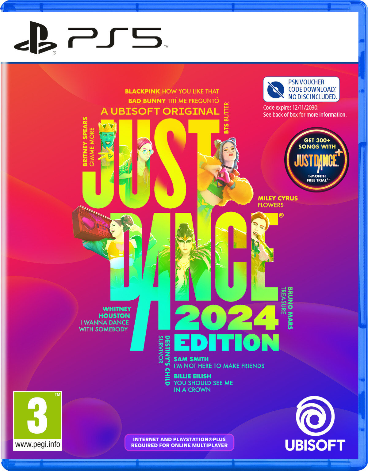 Kolorowe pudełko gry „Just Dance 2024 Edition” z wieloma postaciami.