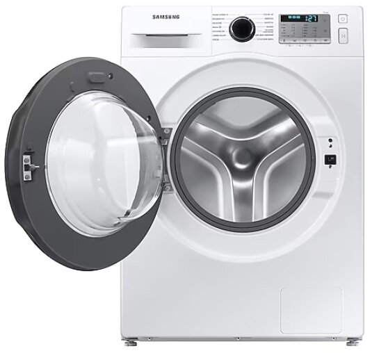 Biała pralka Samsung z otwartymi drzwiami, na białym tle.