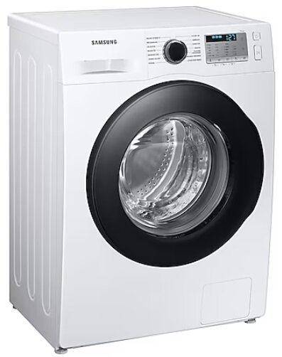 Biała pralka Samsung z perspektywy trzech czwartych.