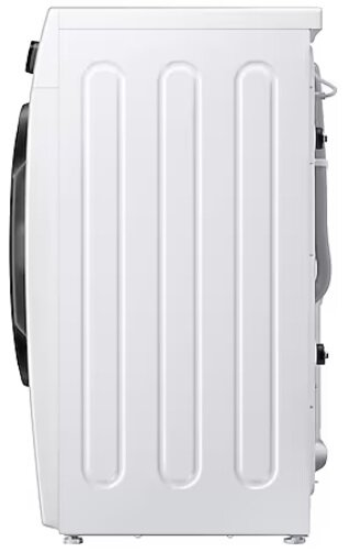 Widok z boku białej pralki, pokazujący jej panel boczny z pionowymi żebrami. Jasne tło.
