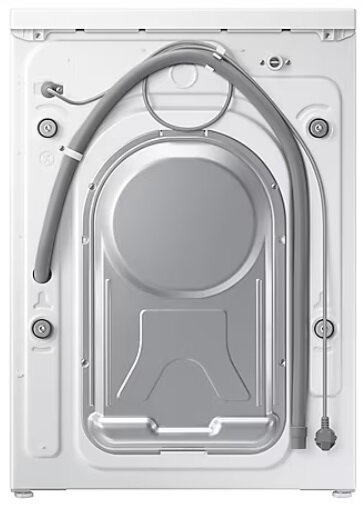 Widok z tyłu białej pralki z szarym wężem i kablami połączeniowymi.