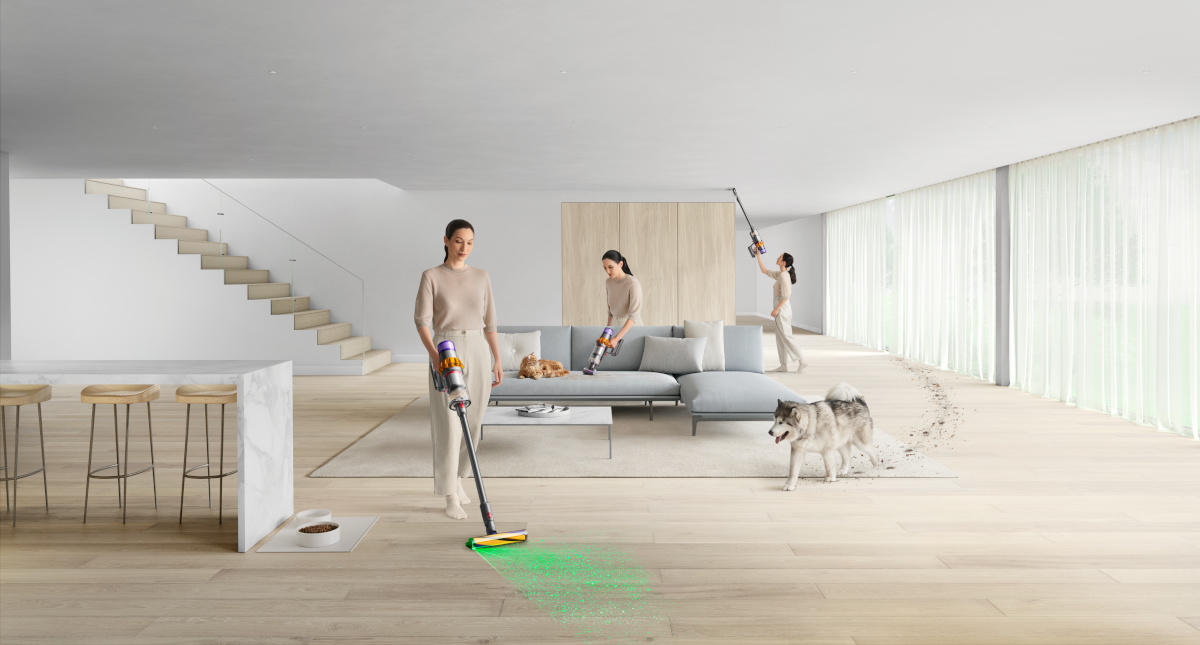 Kobieta odkurza nowoczesny pokój. Na scenie są też dwie kobiety i pies.