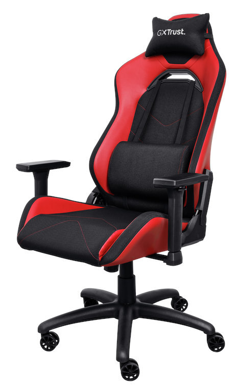 Czerwono-czarny fotel gamingowy z zagłówkiem, na białym tle.