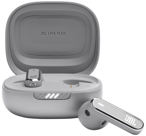 Szare słuchawki JBL w etui ładującym, białe tło.