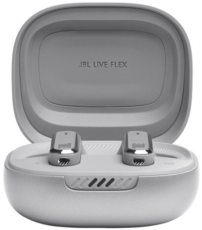 Słuchawki douszne w etui ładującym, otwarte, pokazujące słuchawki. Etui jasnoszare.