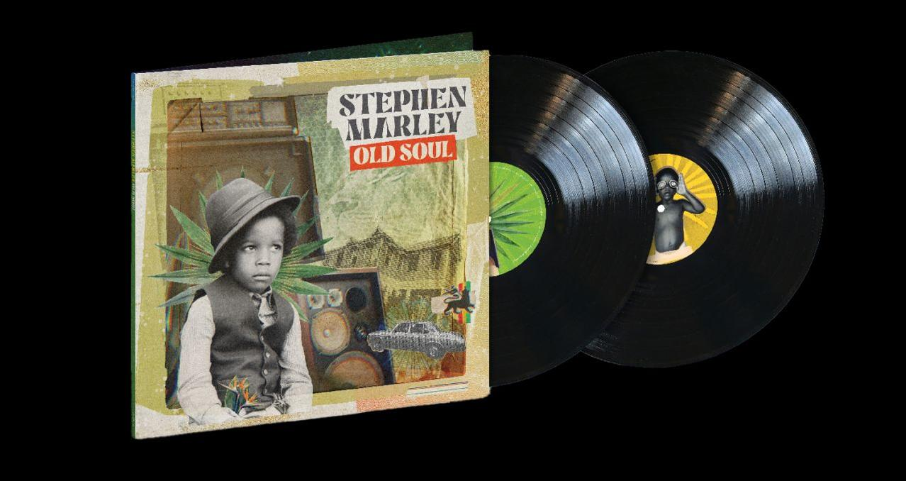 Stephen Marleys 'Old Soul' Albumcover mit Schallplatten auf schwarzem Hintergrund.