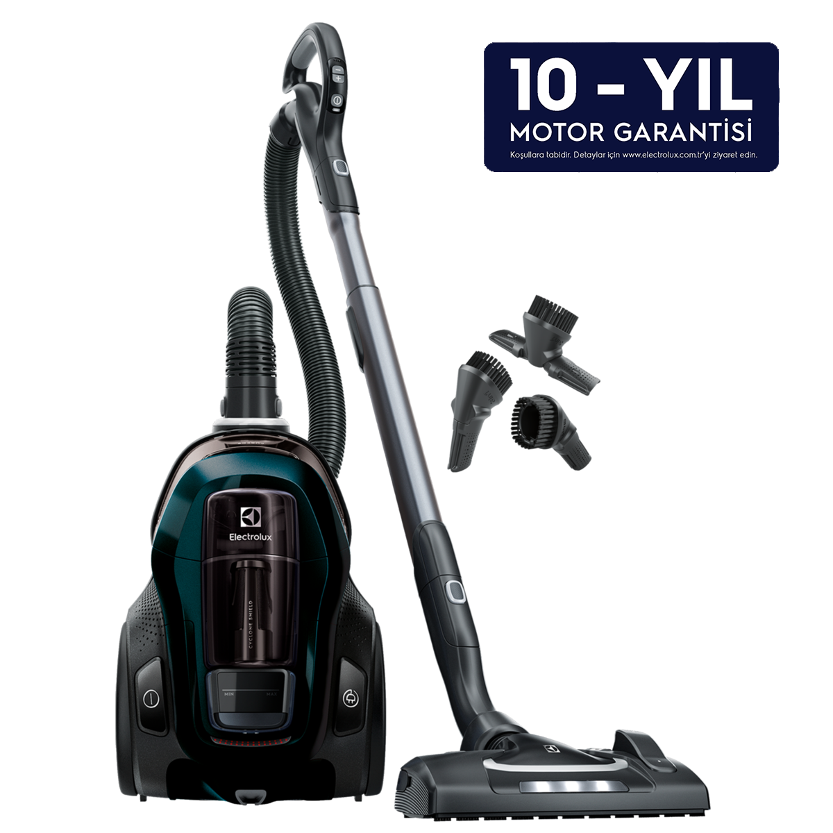 Aparatları ve 10 yıllık motor garantisi etiketi olan siyah ve mavimsi yeşil bir elektrikli süpürge.