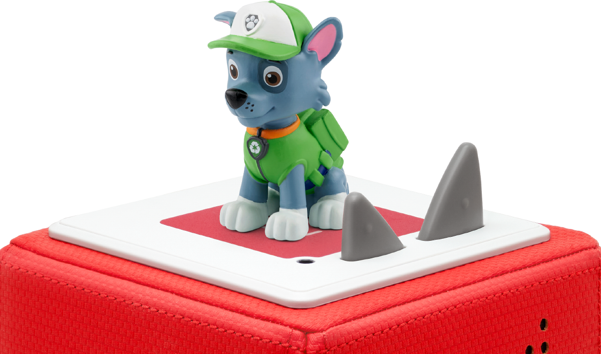 Rocky von Paw Patrol Spielzeug auf roter Basis mit Haifischflossen.