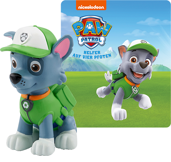 Zwei Paw Patrol Charaktere: Rocky und ein Cartoon-Welpe.